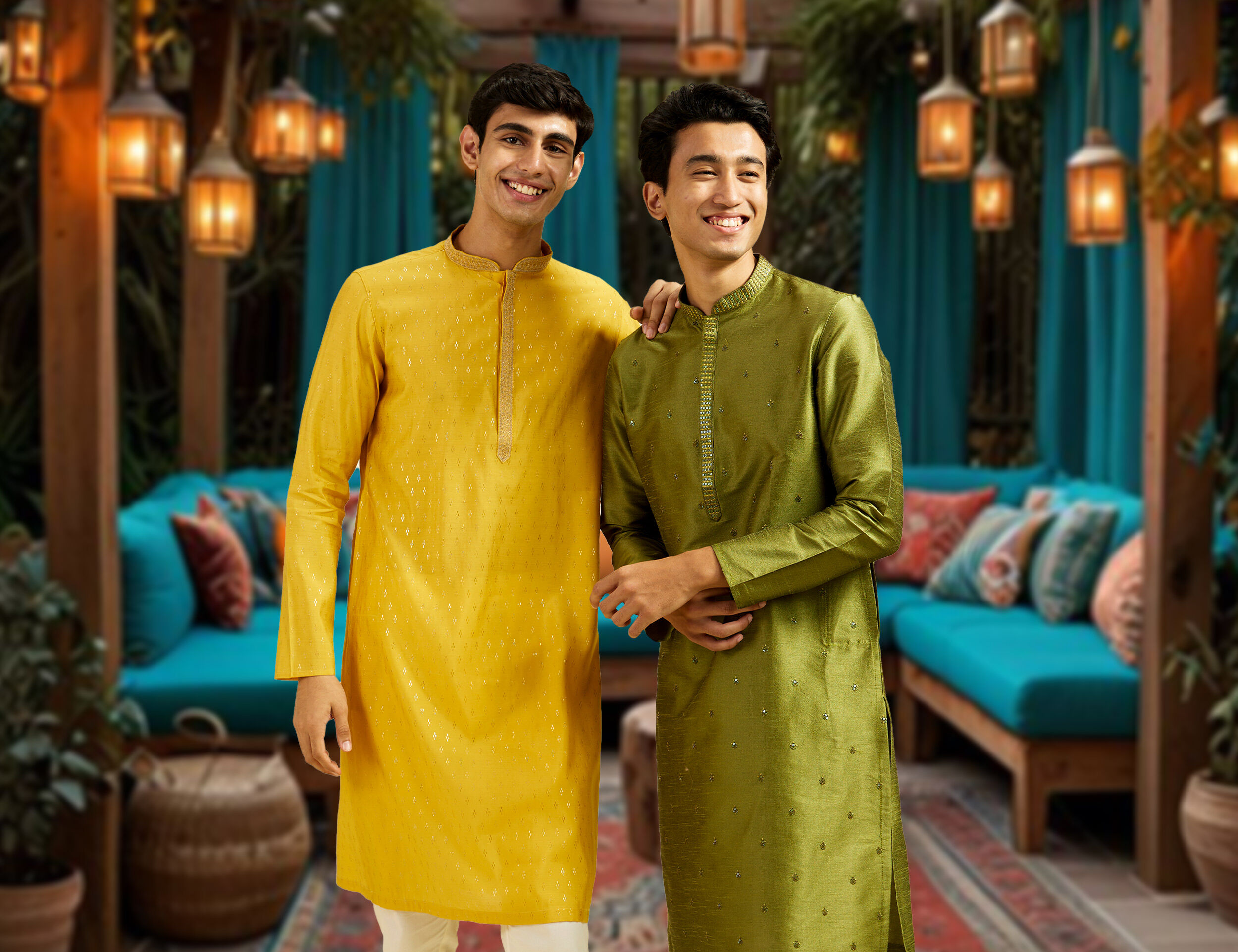 Two men wearing yellow and green kurtas for Janmashtami celebration