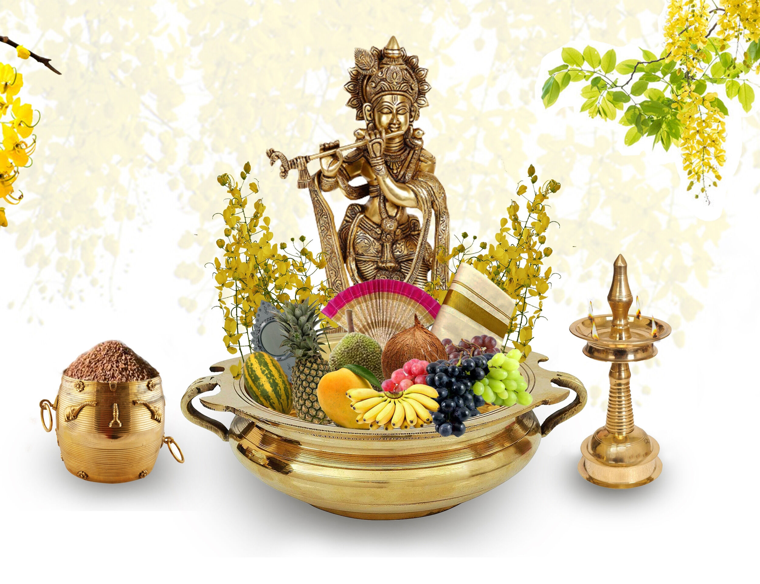 A beautiful brass sculpture of Bhagwan Vishnu surrounded by fruits, coconuts in a brass pot, and a brass diya.