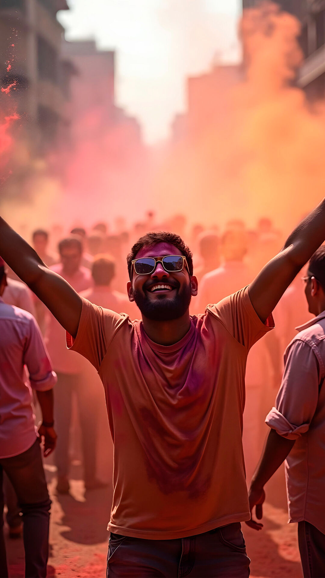 A man wearing sunglasses and celebrating holi with colours