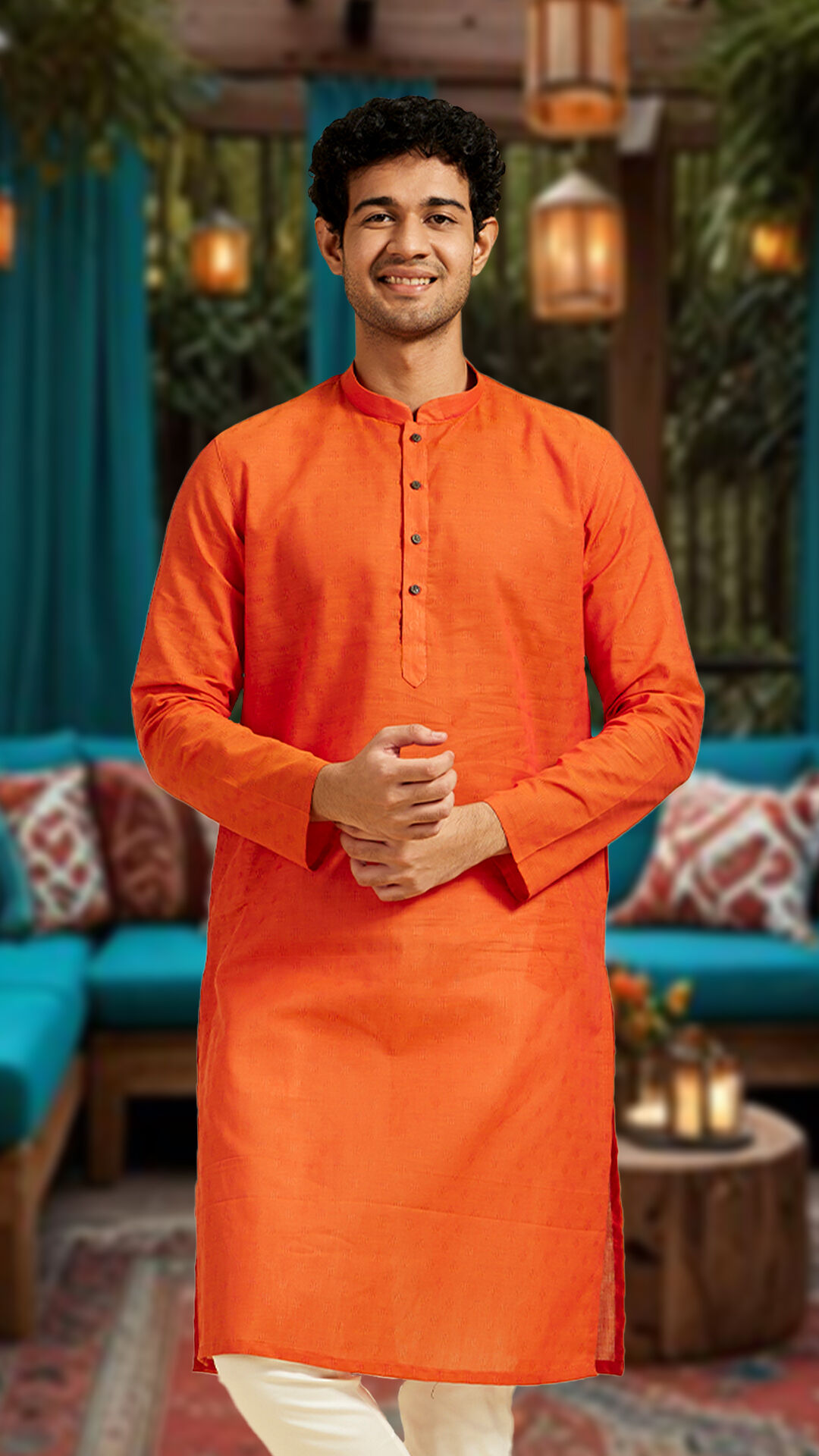 A man in gtraditional orange kuryta for lohri celebration