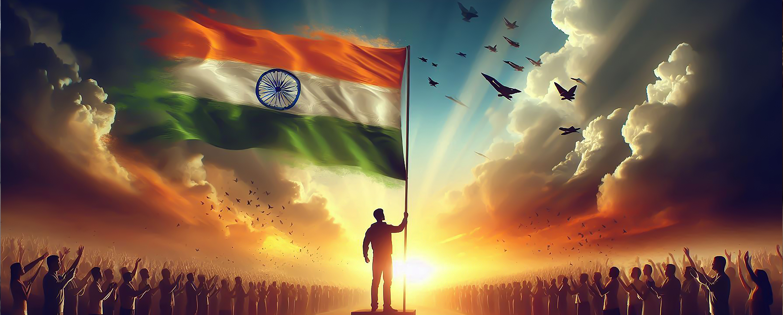 Silhouette of a man holding the Indian national flag at sunrise, with fighter jets flying overhead and people gathered in unity, symbolizing patriotism and Independence Day celebrations.