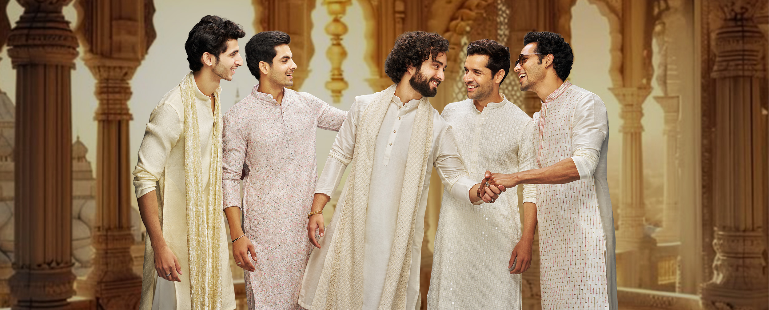 Group of men in traditional white and cream ethnic wear, celebrating Gudi Padwa in a festive and elegant setting. Group of men in traditional white and cream ethnic wear, celebrating Gudi Padwa in a festive and elegant setting.