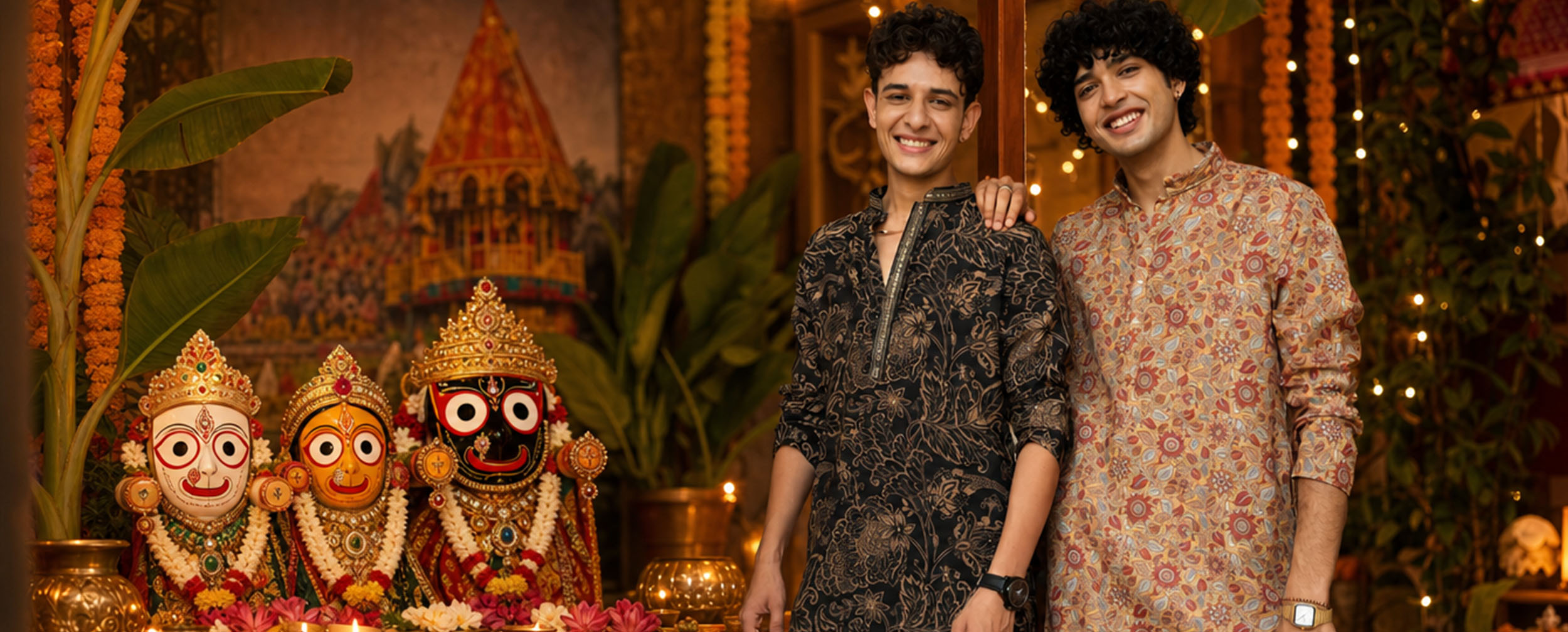 Two men wearing festive printed kurtas standing beside Lord Jagannath, Balabhadra, and Subhadra idols during Rath Yatra celebrations.