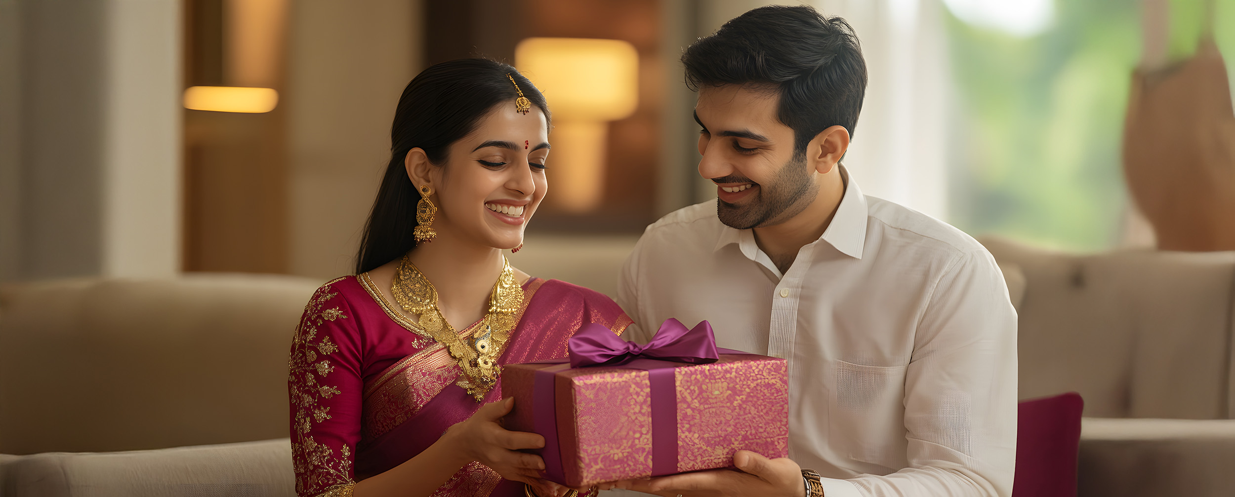 A happy couple exchanging a beautiful gift, a timeless tradition of Diwali. A happy couple exchanging a beautiful gift, a timeless tradition of Diwali.