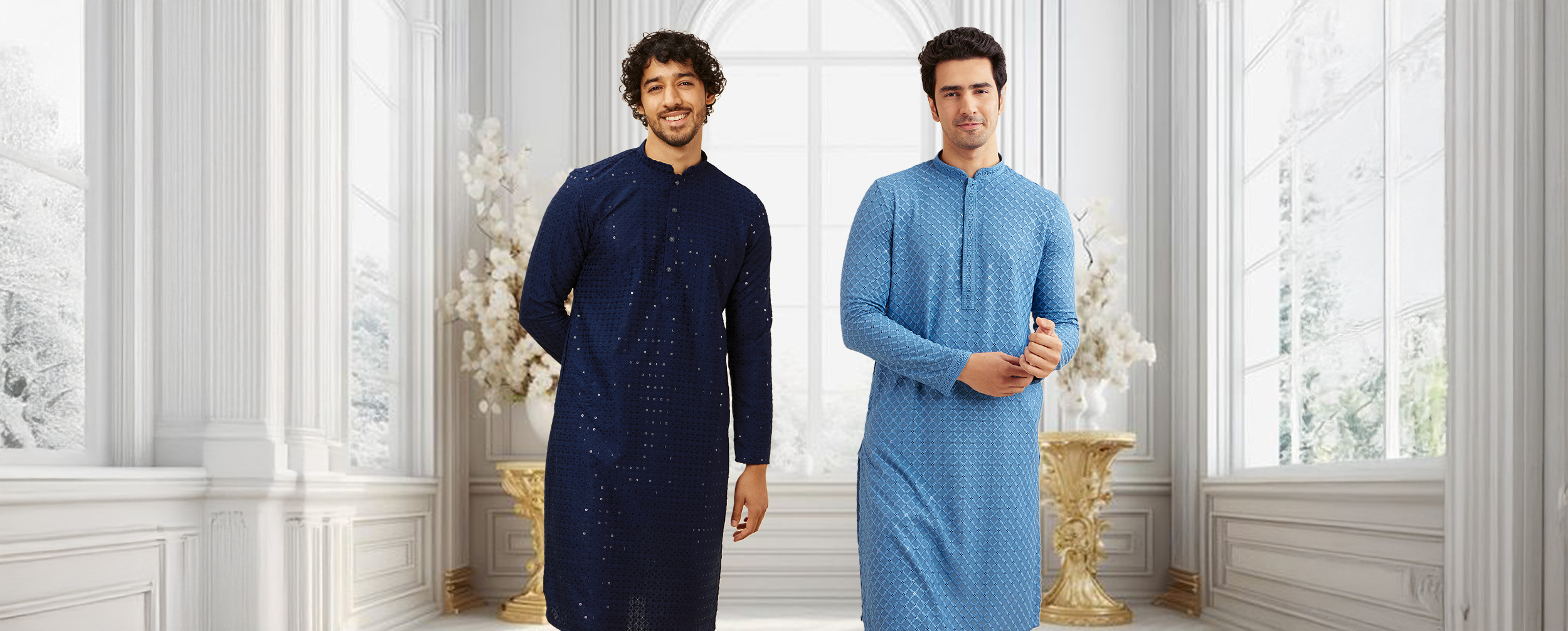 A man sporting a charming blue chikankari kurta with contrast pyjamas A man sporting a charming blue chikankari kurta with contrast pyjamas