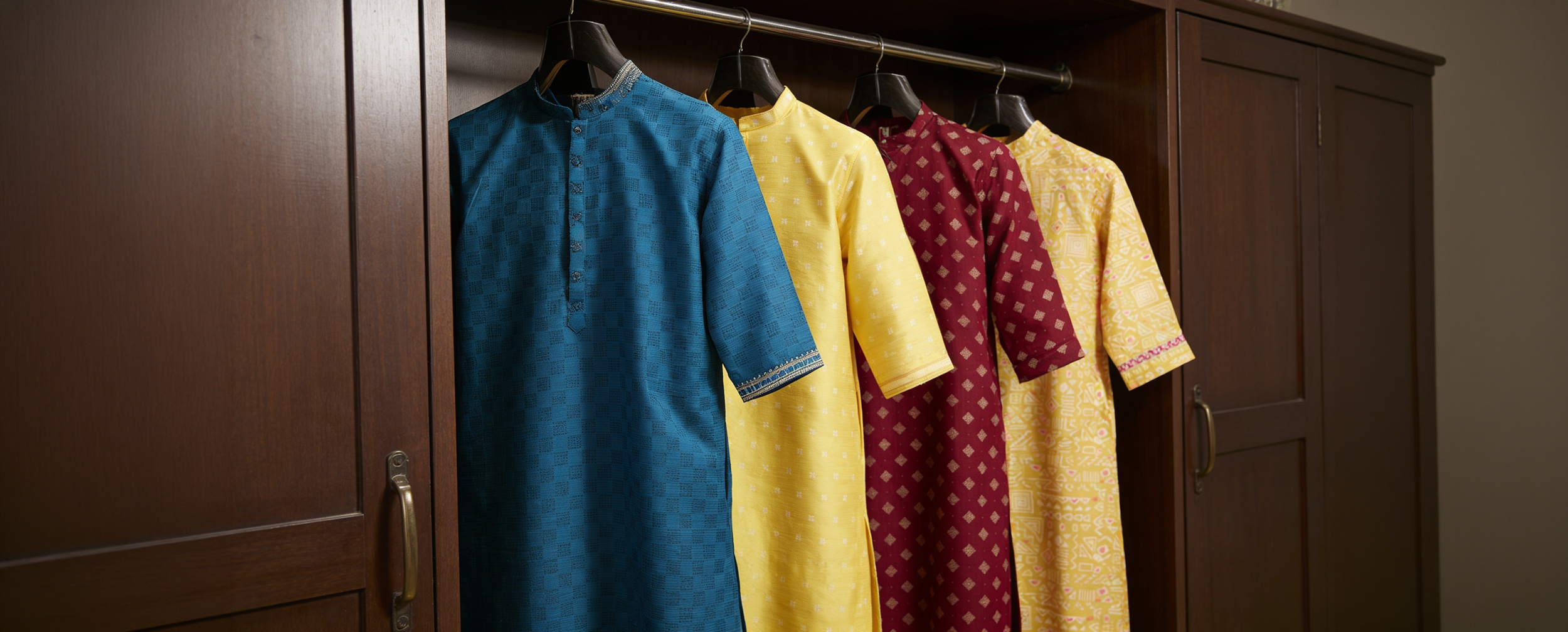 Men&rsquo;s festive kurtas neatly hung on hangers, highlighting kurta storage, wardrobe care, and ethnic wear organization.