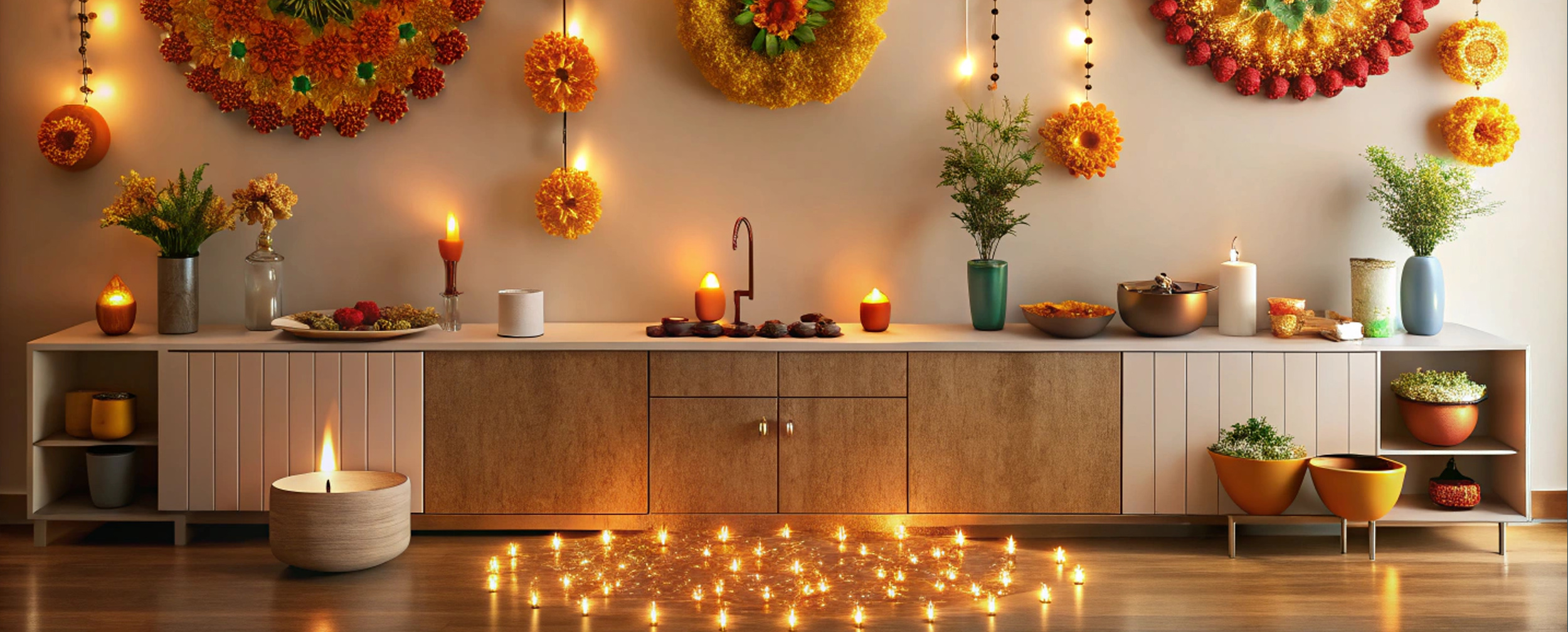 Festive home decor with marigold flower torans, hanging lights, candles, and decorative diyas for Diwali celebration