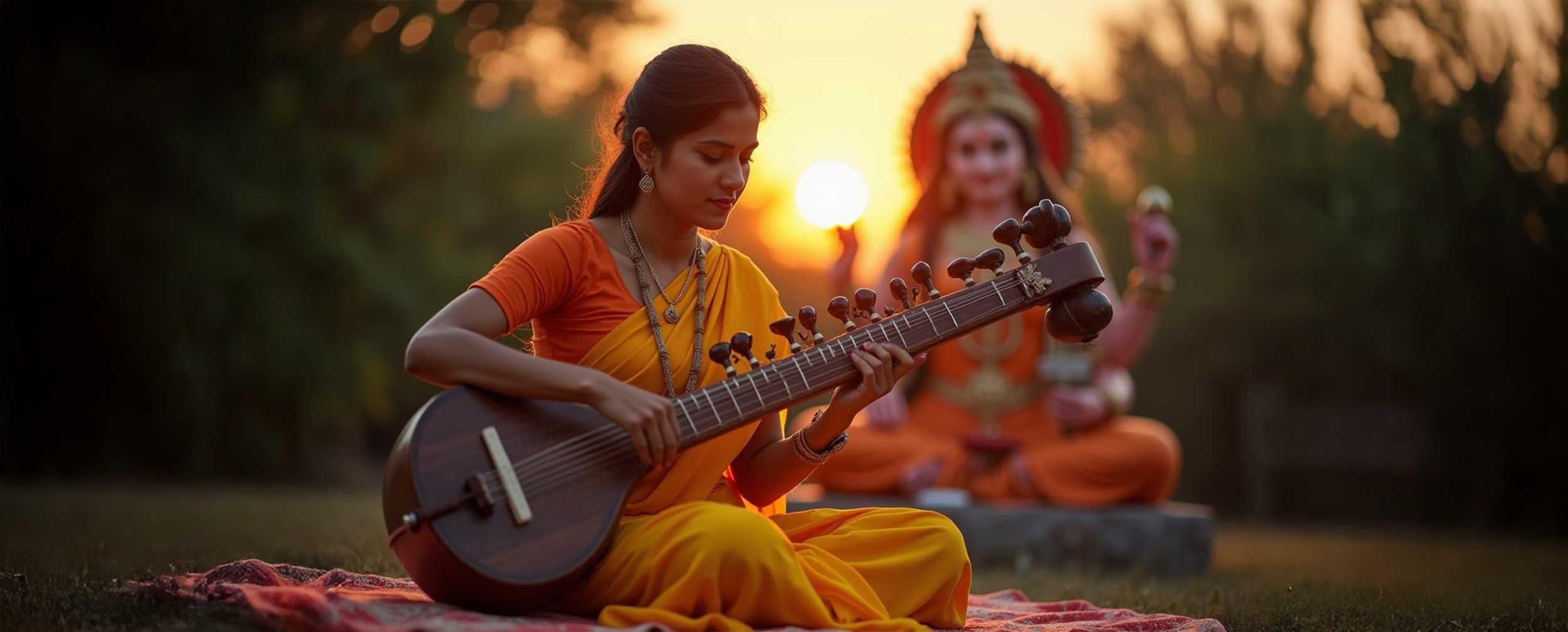 A women playing traditional harmonium on basant panchami with goddes sarasvati behind A women playing traditional harmonium on basant panchami with goddes sarasvati behind