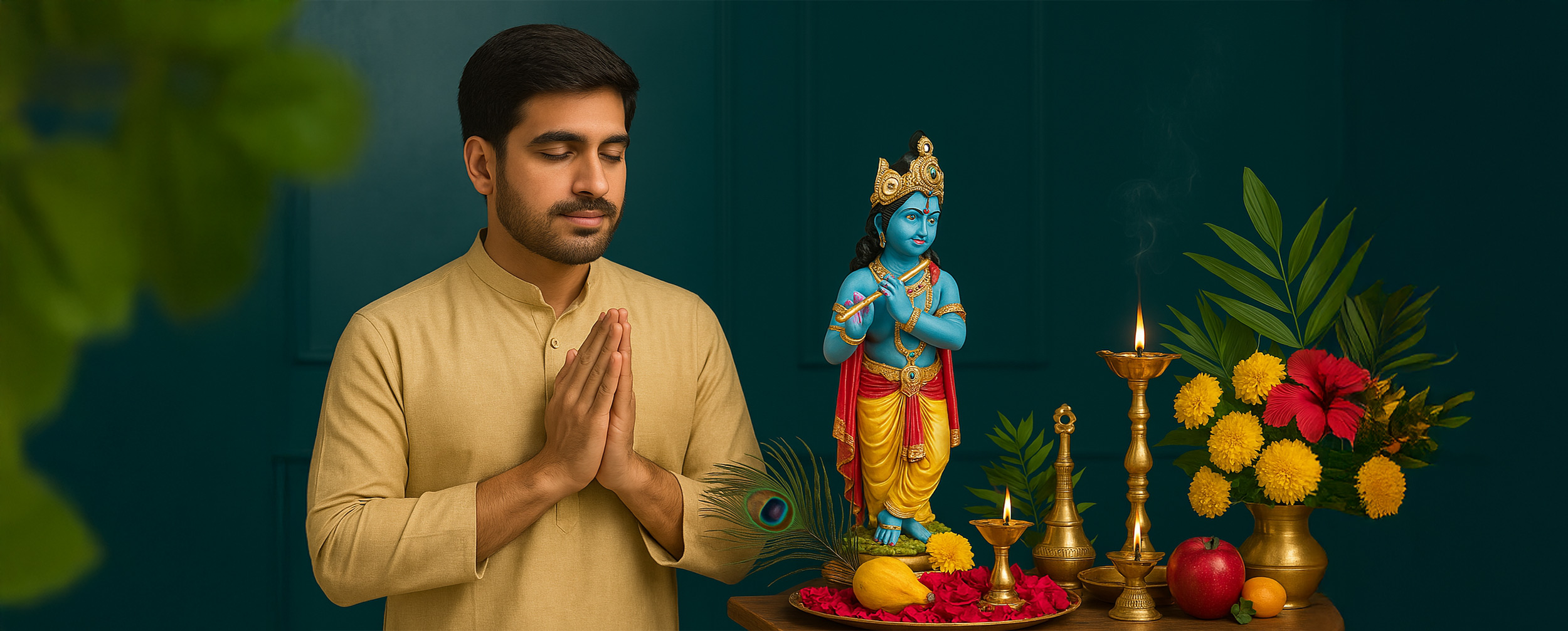 A man bowing respectfully to a Bhagwan Vishnu sculpture during Vishu celebrations. A man bowing respectfully to a Bhagwan Vishnu sculpture during Vishu celebrations.