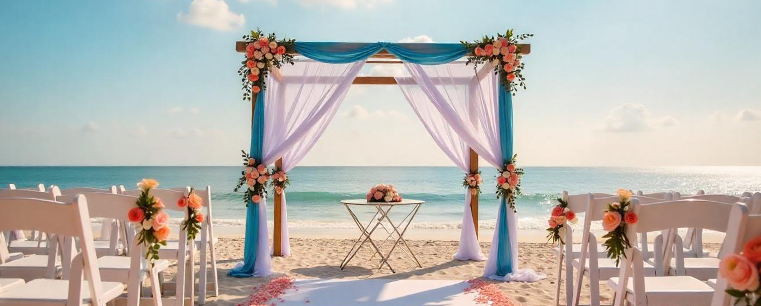 Beach destination wedding setup with floral mandap, white chairs, and ocean view under a clear sky.