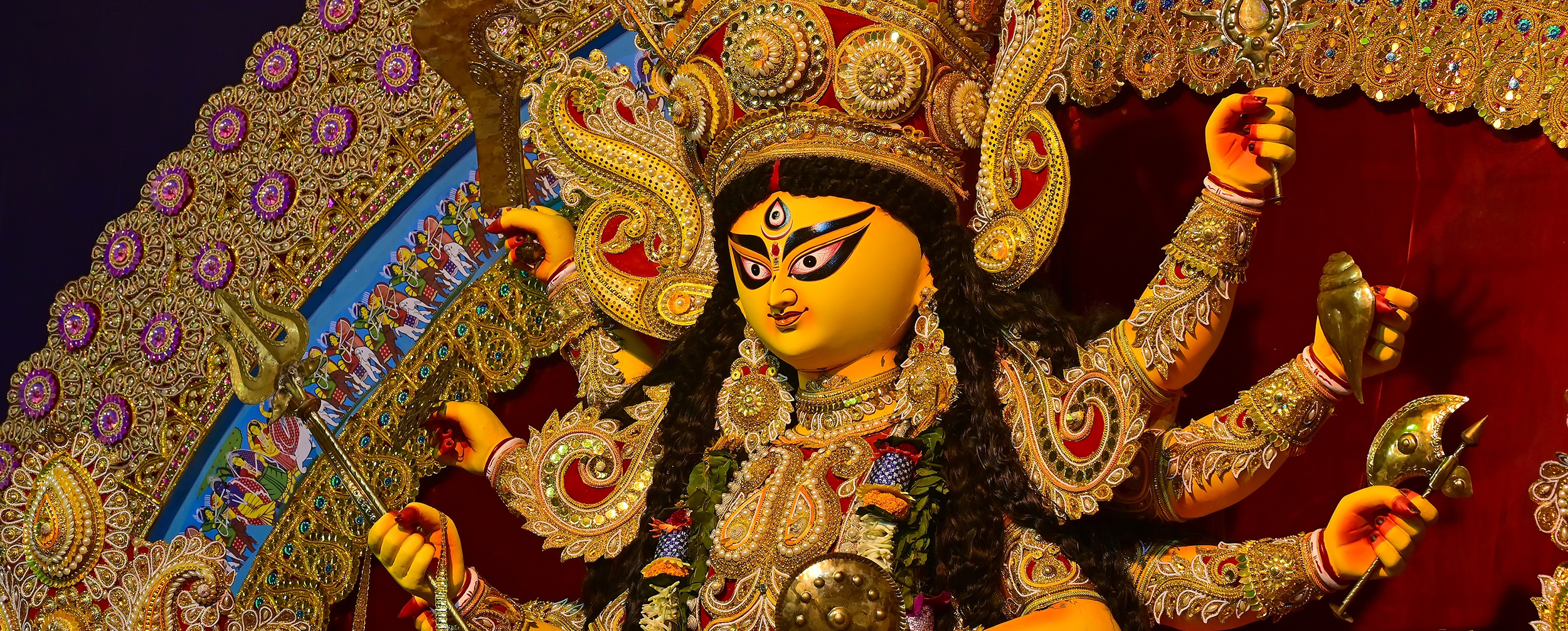Beautifully decorated idol of Goddess Durga during Navratri festival celebration Beautifully decorated idol of Goddess Durga during Navratri festival celebration