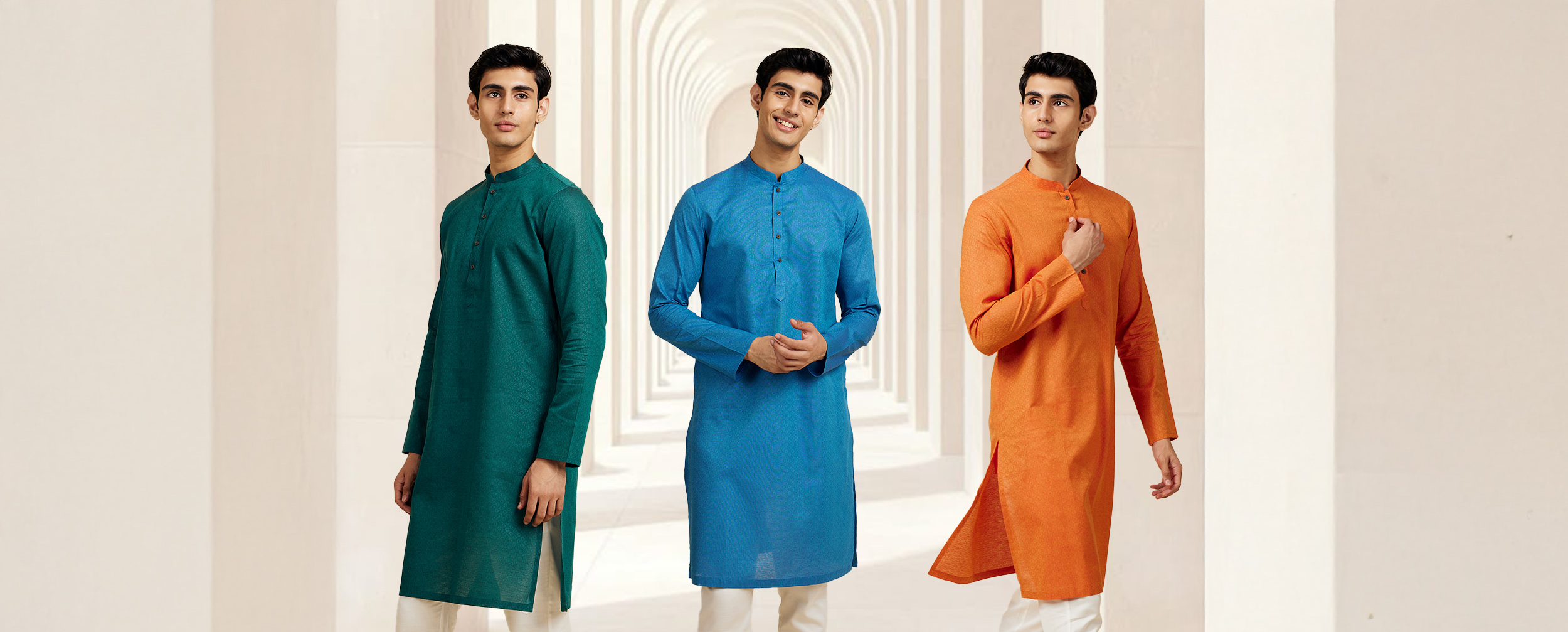 Men wearing traditional kurta outfits in green, blue, and orange for Ramadan fashion Men wearing traditional kurta outfits in green, blue, and orange for Ramadan fashion