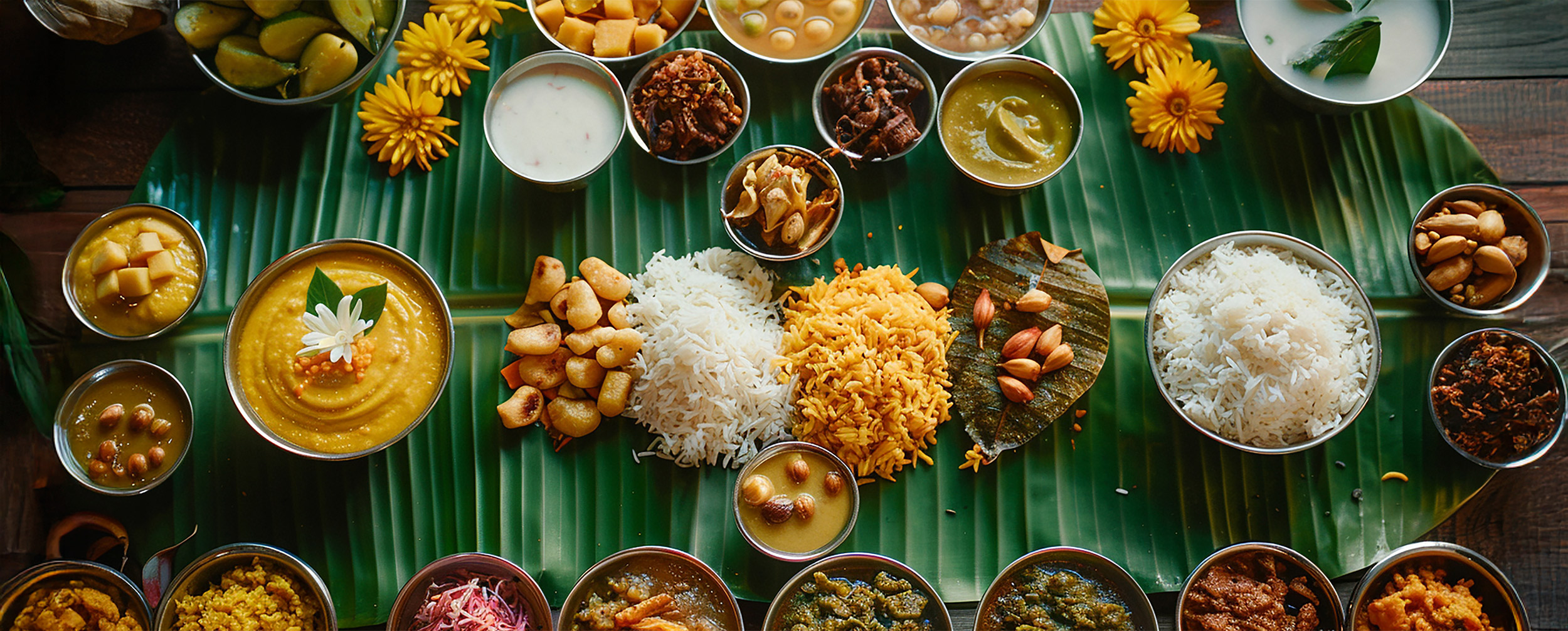 Traditional Onam Sadhya meal served on a banana leaf with rice, curries, pickles, and sweets in small bowls. Traditional Onam Sadhya meal served on a banana leaf with rice, curries, pickles, and sweets in small bowls.