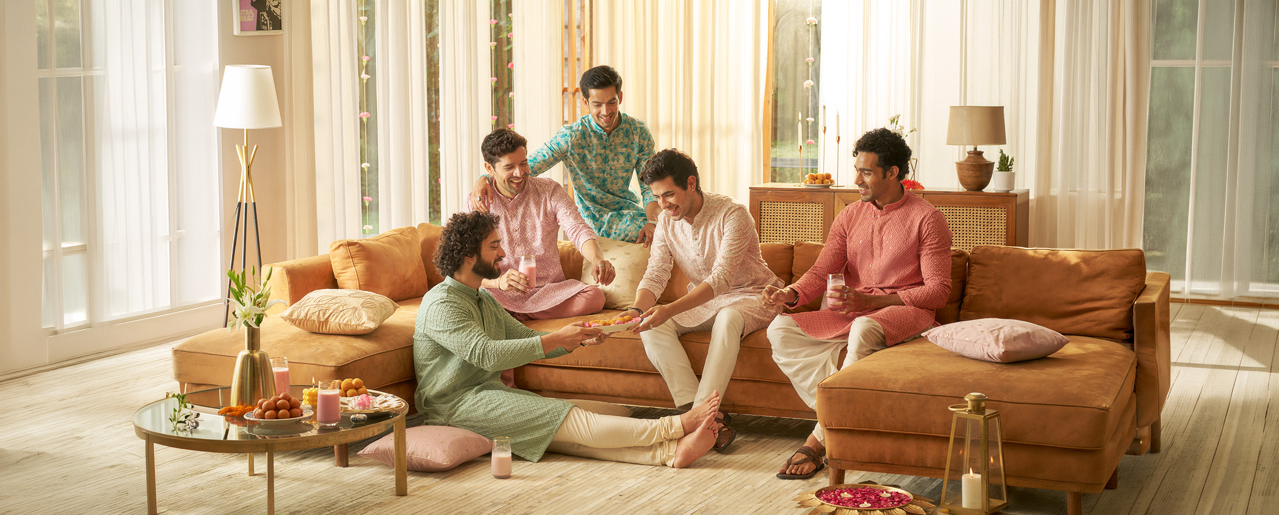 Men in handloom-inspired kurtas showcasing sustainable fabrics, artisanal craftsmanship, and timeless ethical fashion traditions.