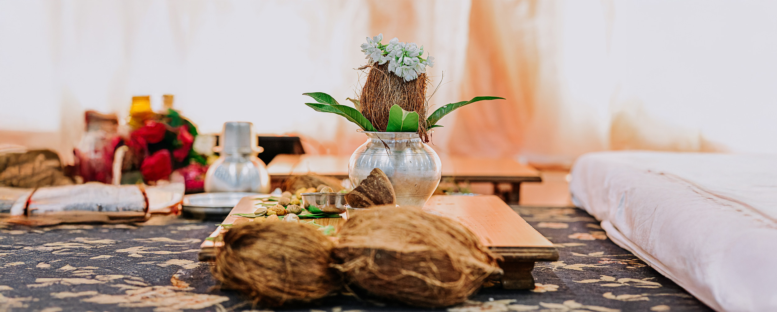 Kalash and Nariyal pooja setup for auspicious Hindu rituals Kalash and Nariyal pooja setup for auspicious Hindu rituals