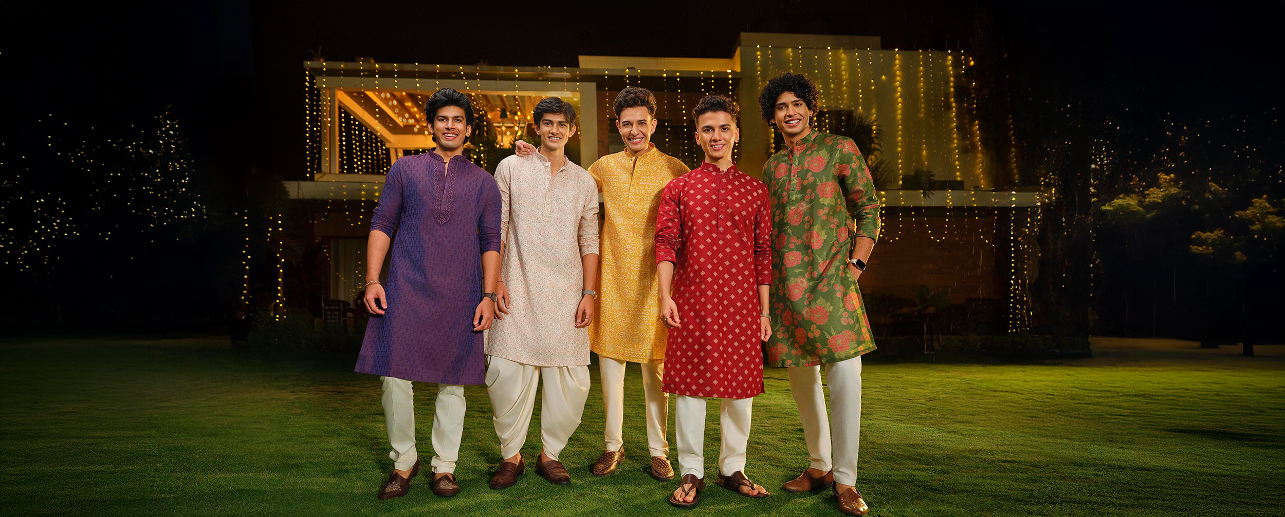 Men wearing kurtas in diverse colours and patterns showcase the rich variety of regional Indian kurta traditions, highlighting distinct craftsmanship, silhouettes, and festive styling influences from across the country.
